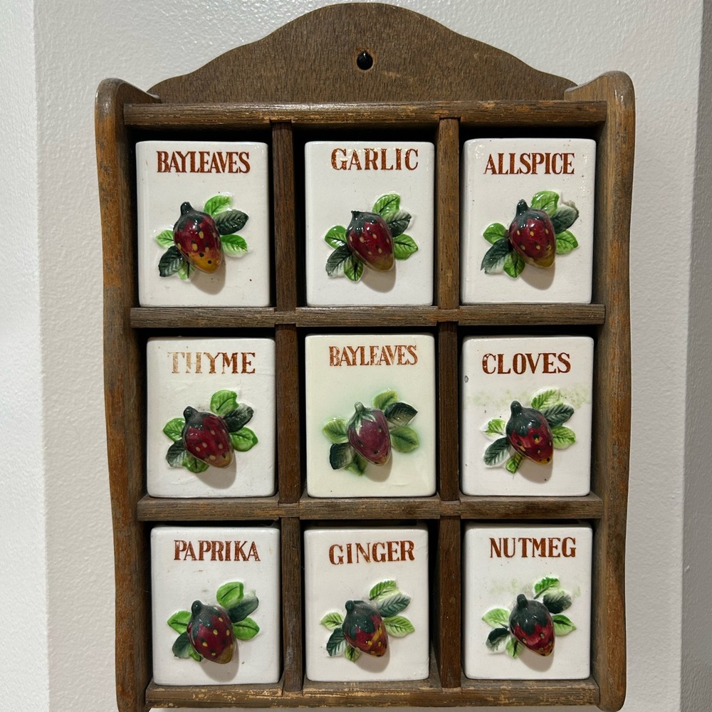 Vintage Wooden and Porcelain Spice Rack